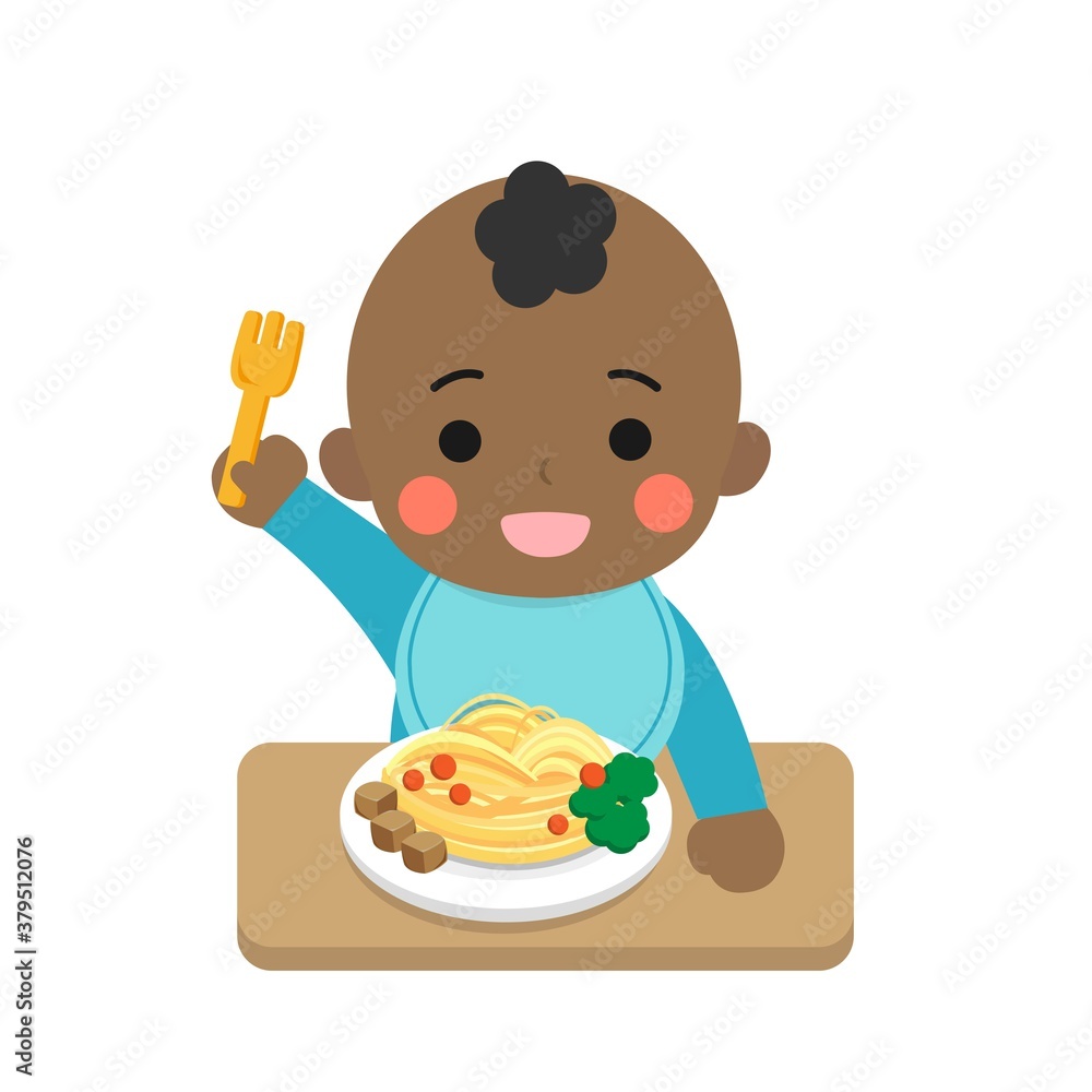 Cute baby eating noodles, daily life, cartoon comic vector illustration, set, isolated Cute baby eating noodles, daily life, cartoon comic vector illustration, set, isolated