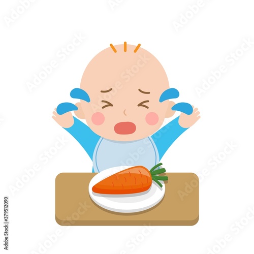 Cute baby eating vegetables, picky eaters, angry, crying, daily life, cartoon comic vector illustration, set, isolated