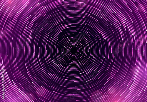 Purple circular sparkling background. Abstract swirl trail or tunnel. Vector effect of acceleration, speed, motion and depth