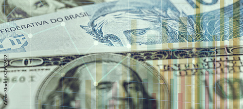 фотографія conceptual image about stock exchange, brazil money banknotes and united states