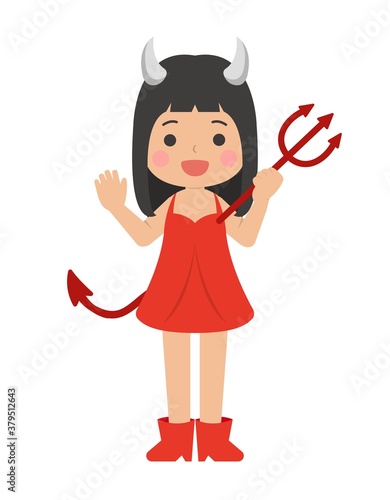 Cute children in Halloween costumes, red devil, cartoon comic vector illustration, isolated
