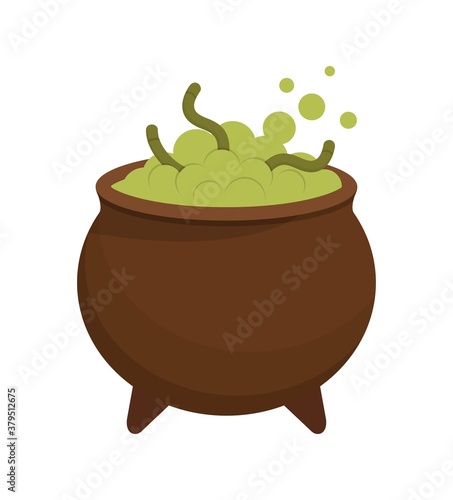 Black cauldron boiled poisonous, Halloween, cartoon comic vector illustration, isolated