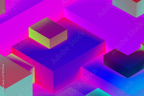 Abstract geometric cubic colorful  in neon lights background. isometric 3d render.