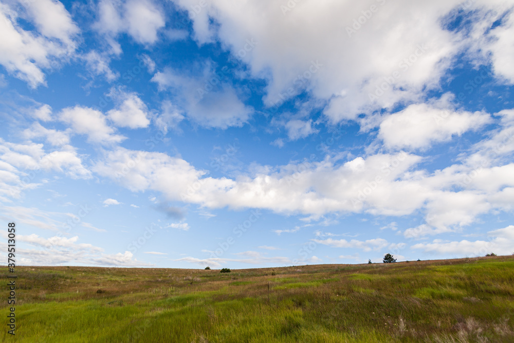 a hill covered with lush green grass under a blue sky with clouds in British Columbia Canada