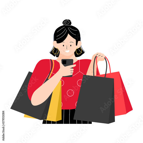 person with shopping bags. Black Friday sale event with woman shopping online on smartphone and holding shopping bags illustration. Big Discount and Promo Concept