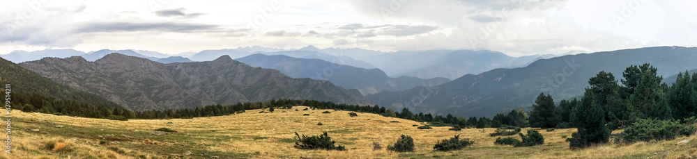 Panoramic view of the mountains of the Alt Pirineu Natural Park, from the stone refuge, province of Lérida, autonomous community of Catalonia, Spain