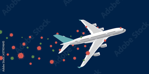illustration vector, airplane try to escape coronavirus, impact of covid-19 on aviation and airport industry, aircraft with group of virus as contrails, concept of healthcare in pandemic situation.