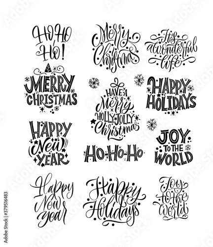 Happy New Year, typography lettering badge emblems quotes set collection. Great lettering for greeting cards, stickers, banners, prints and home interior decor. Xmas card. Merry Christmas 2021.
