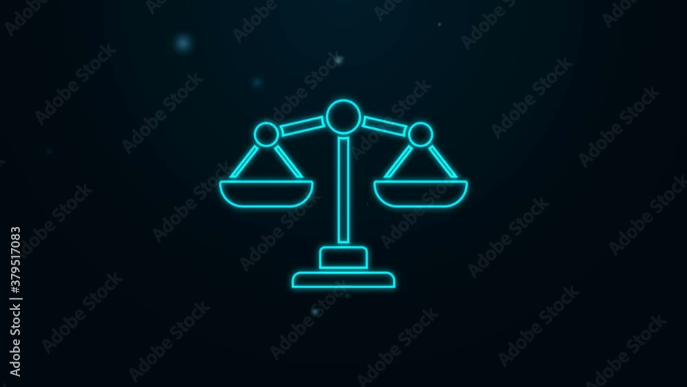 Glowing neon line Scales of justice icon isolated on black background. Court of law symbol. Balance scale sign. 4K Video motion graphic animation Glowing neon line Scales of justice icon isolated on black background. Court of law symbol. Balance scale sign. 4K Video motion graphic animation
