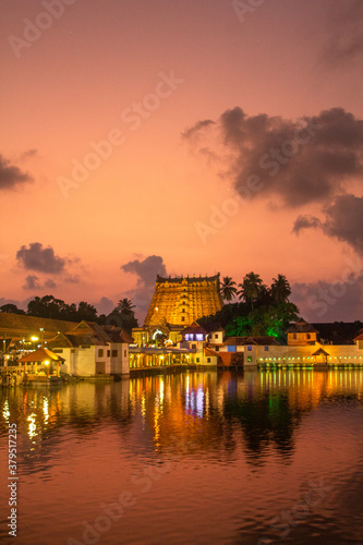 Evening view of padmanabha swamy Temple, Thiruvananthapuram. The temple is built in an intricate fusion of the Chera style and the Dravidian style.