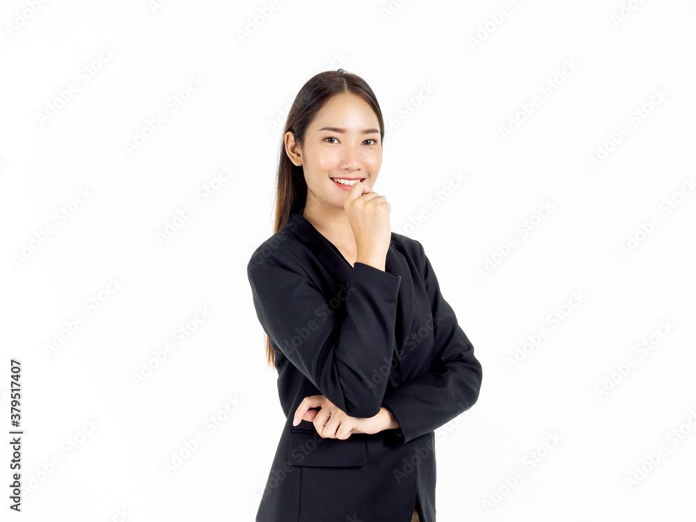 portrait of young pretty Asian businesswoman in black suit with smiling. portrait of young pretty Asian businesswoman in black suit with smiling.