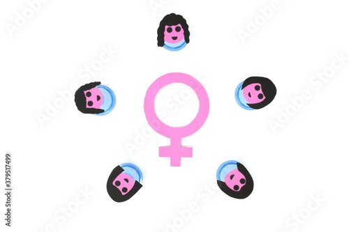 Pink female symbol with a group of women character flat lay in white background. Feminism concept. photo