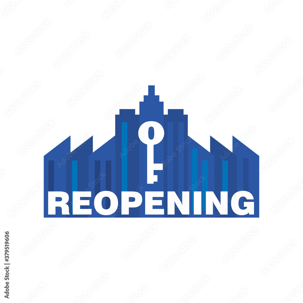 reopening with key on city buildings detailed style icon vector design