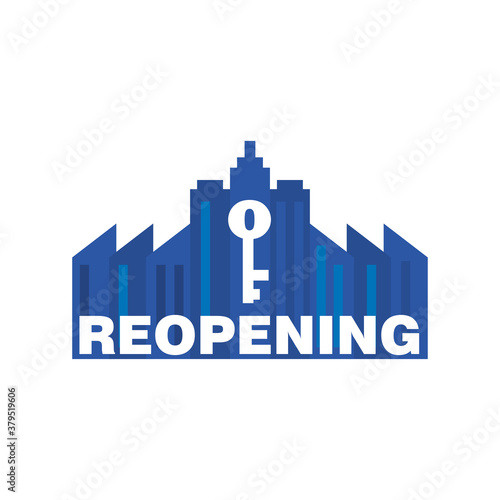 reopening with key on city buildings detailed style icon vector design