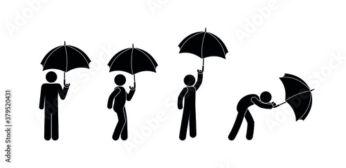 man holding an umbrella, various character poses, stick figure man icon