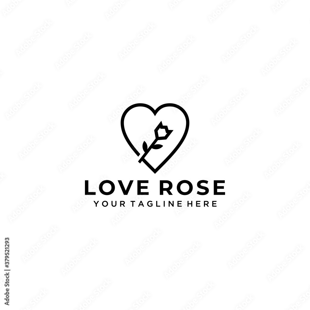 Beauty Rose with heart logo vector logo design template, minimal line petal beauty salon sign.