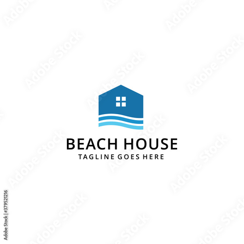 Creative modern minimalist house with sea wave sign logo design template 