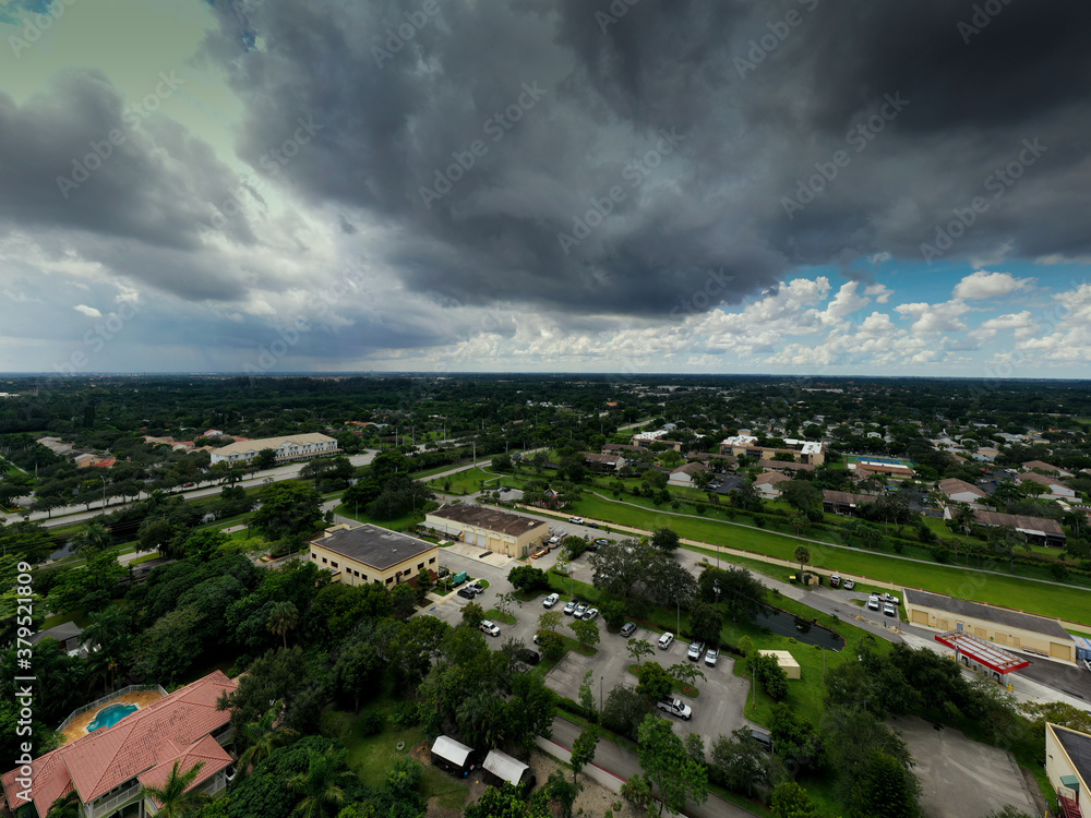 Aerial photo darkk storm clouds over Davie Florida USA