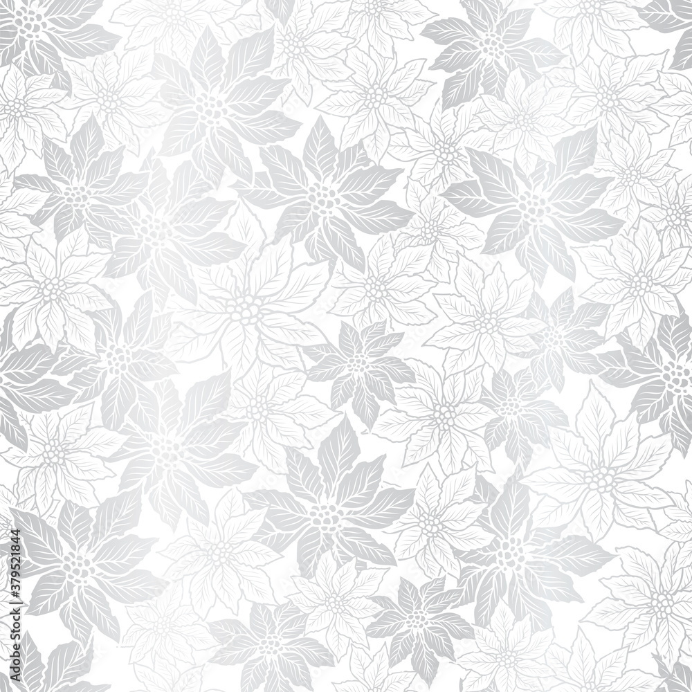 Seamless Christmas pattern with poinsettia on silver background design