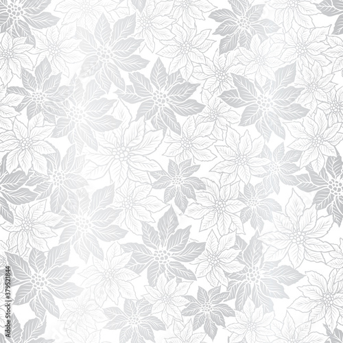 Seamless Christmas pattern with poinsettia on silver background design