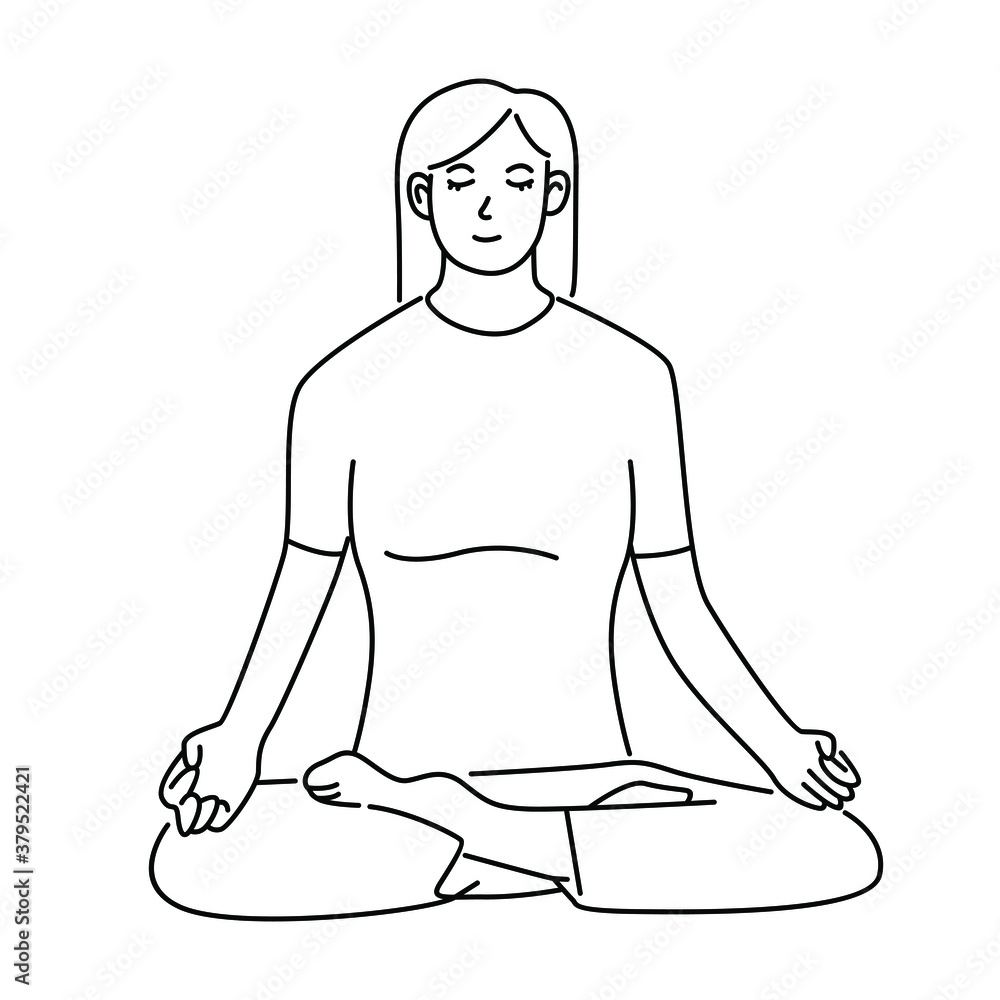 Young woman sitting cross legged on floor and meditating. Meditation, relaxation at home, spiritual practice, yoga and breathing exercise