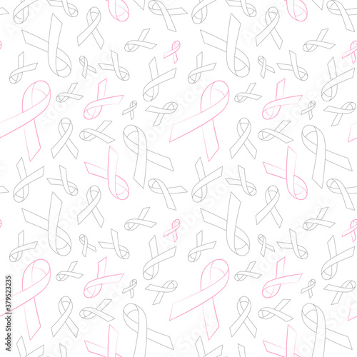 Pink and gray ribbon outline seamless pattern on white background for breast cancer awareness campaign month in october