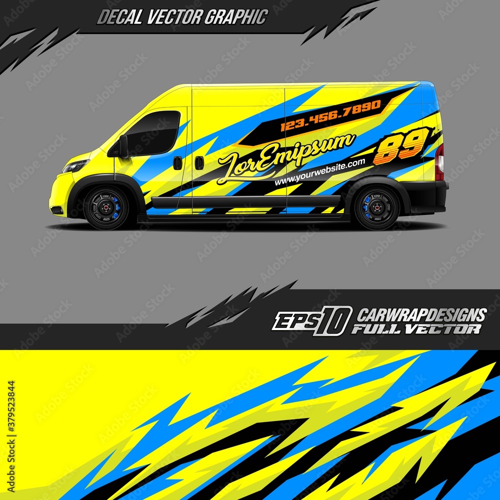 Car wrap decal graphic design. Abstract stripe racing background designs for wrap cargo van, race car, pickup truck, adventure vehicle. Eps 10