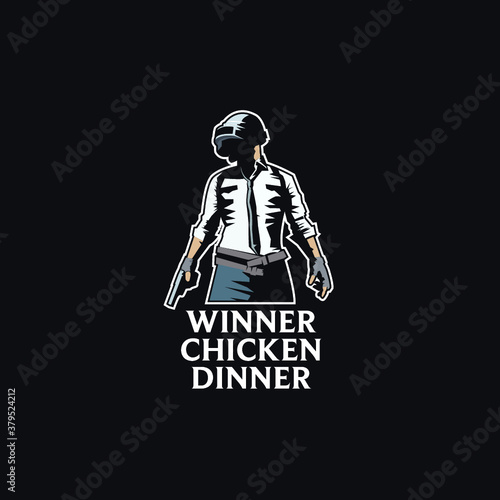 Man with gun logo with winner chicken dinner text logo 