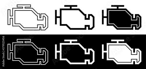 check engine glowing icon on car dashboard. Malfunction, engine breakdown. Vehicle malfunction warning. Service in service center. Set of vector icons