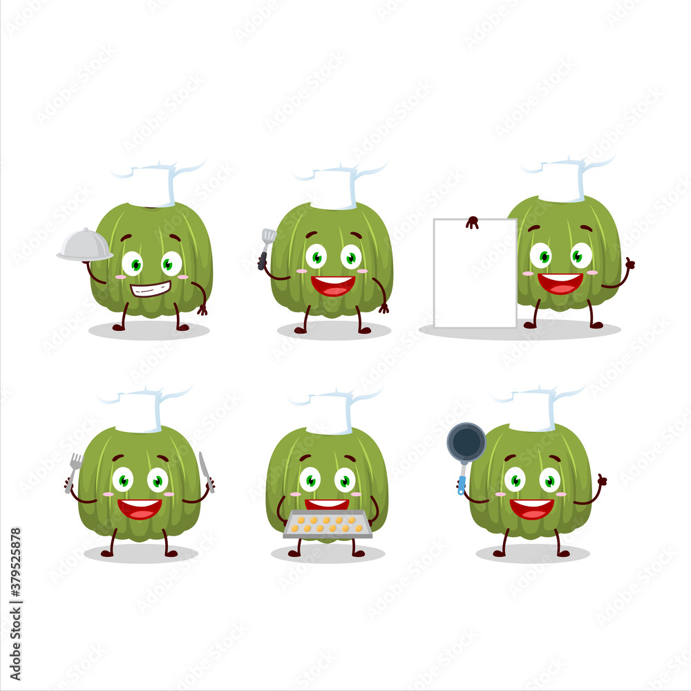 Cartoon character of green pumpkin with various chef emoticons Cartoon character of green pumpkin with various chef emoticons