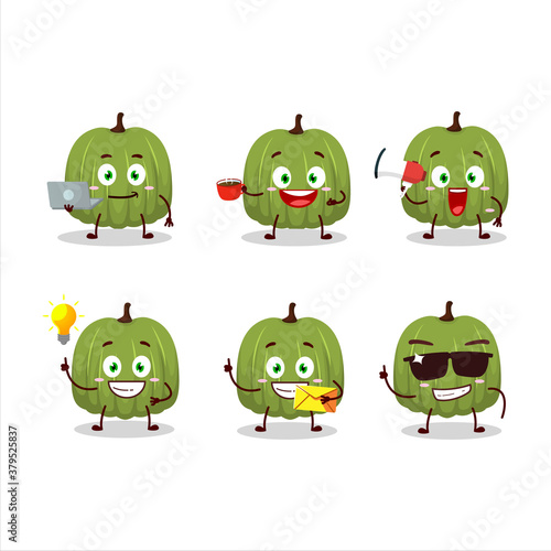 Green pumpkin cartoon character with various types of business emoticons