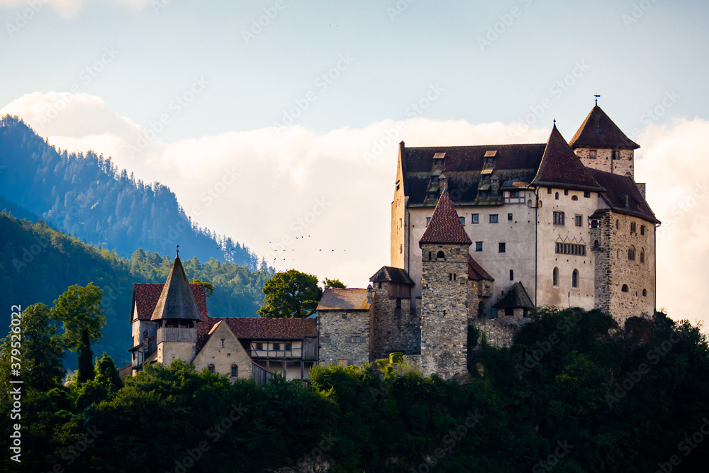 Picturesque summer landscape with Gutenberg Castle, important historic preserved castle located in town of Balzers, Principality of Liechtenstein