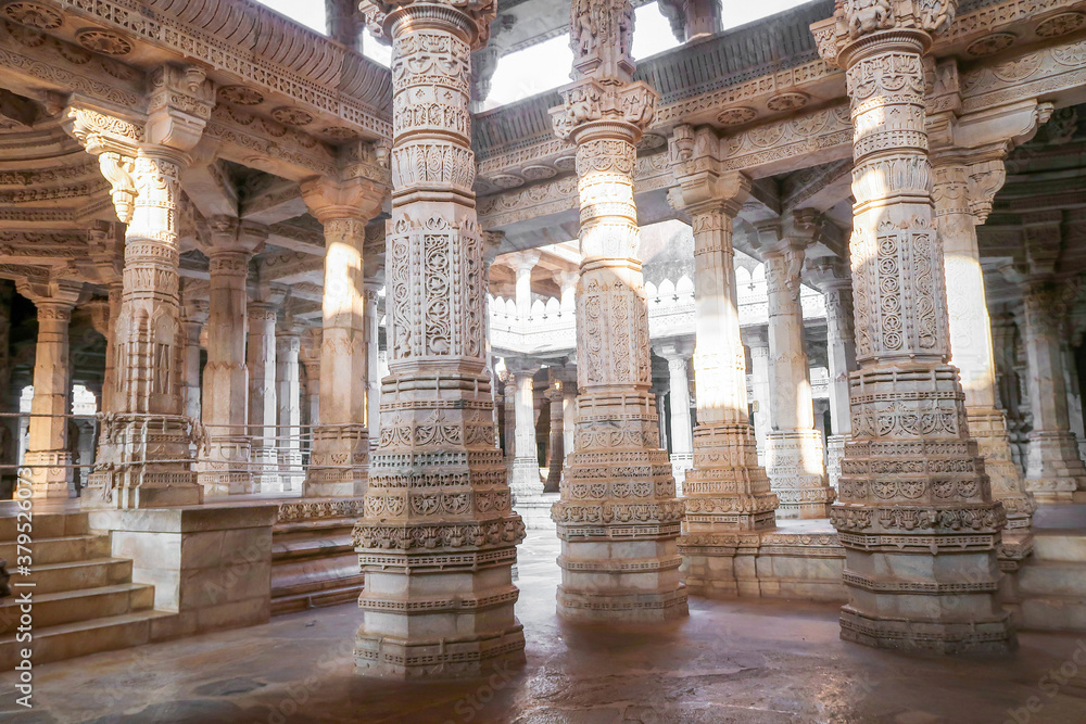 Pillar marble stone carving inside Jain Ranakpur Temple, Udaipur, Rajasthan, India