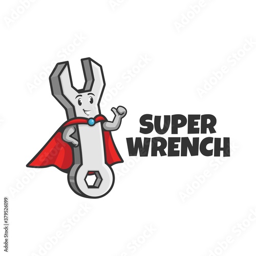 A wrench mascot hero or plumber superhero holding a wrench or spanner and making thumb up. mascot logo. vector illustration.