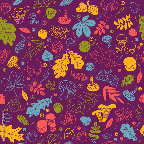 Autumn doodles - colorful seamless pattern vector illustration of leaves, mushrooms, berries, acorns - fabric print or wrapping paper design
