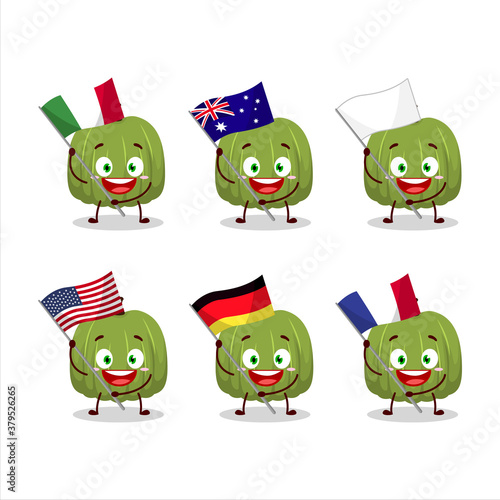 Green pumpkin cartoon character bring the flags of various countries