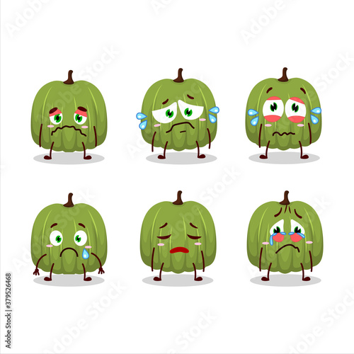 Green pumpkin cartoon character with sad expression