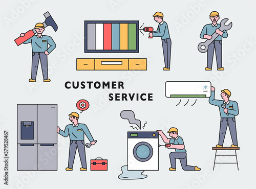 A cute repairman is fixing a home appliance with a huge tool. flat design style minimal vector illustration.