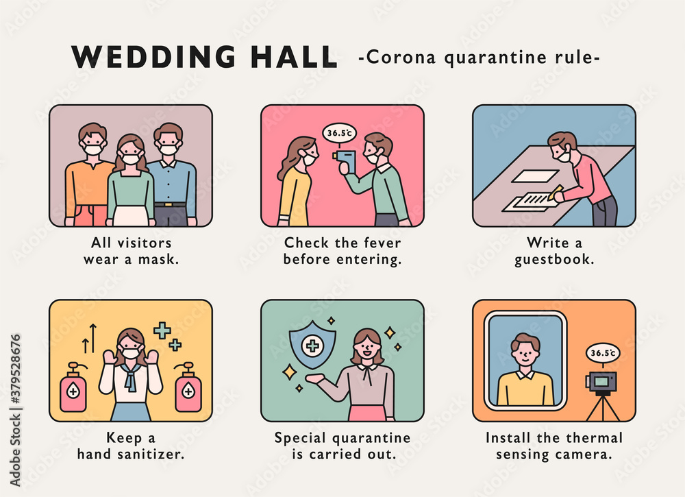 Wedding in the situation of coronavirus crisis. Guest notices manual poster. flat design style minimal vector illustration. Wedding in the situation of coronavirus crisis. Guest notices manual poster. flat design style minimal vector illustration.