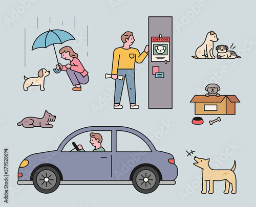 Situations of abandoned dogs. Throwing it in a box, running away in a car, getting sick, and putting a missing poster on the pole. flat design style minimal vector illustration.
