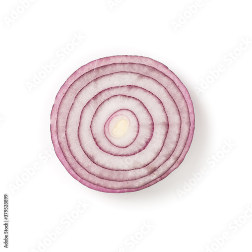 top view Sliced red onion rings isolated on white background