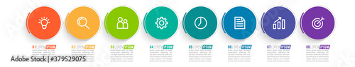 Minimal Business Infographics template. Timeline with 8 steps, options and marketing icons .Vector linear infographic with eight conected elements. Can be use for presentation.