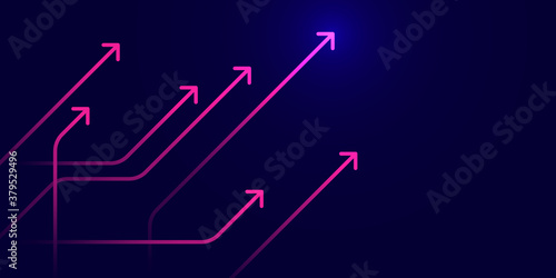 Glow up arrows circuit on dark purple background copy space digital business growth concept
