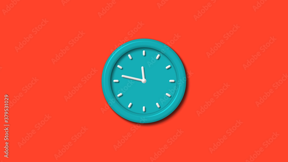 Cyan color 12 hours 3d wall clock isolated on red background,clock icon