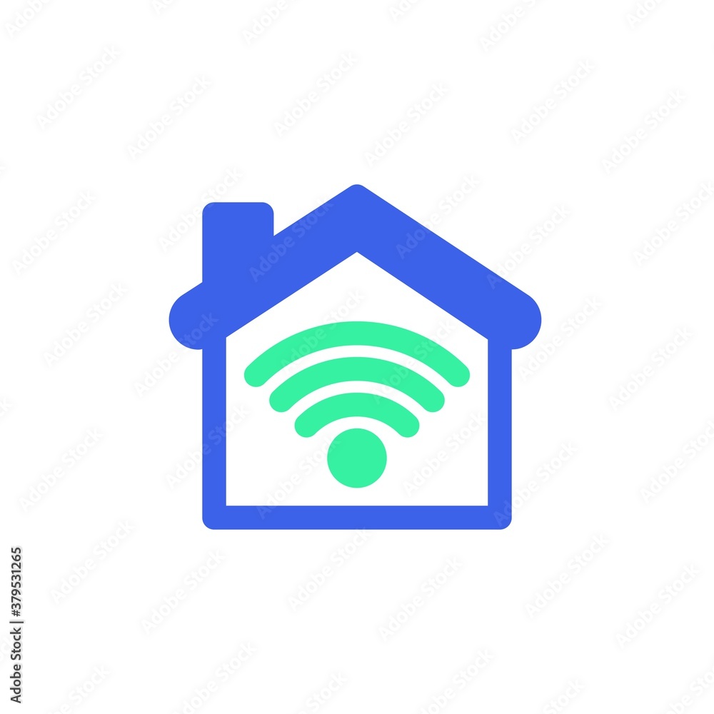 Home wi-fi signal icon vector, filled flat sign, bicolor pictogram, smart Home wireless connection green and blue colors. Symbol, logo illustration Home wi-fi signal icon vector, filled flat sign, bicolor pictogram, smart Home wireless connection green and blue colors. Symbol, logo illustration