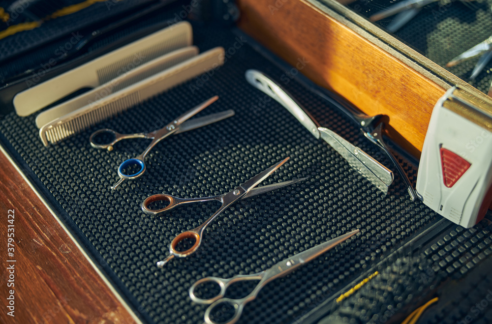 Neat set-up of professional tools in a barbershop