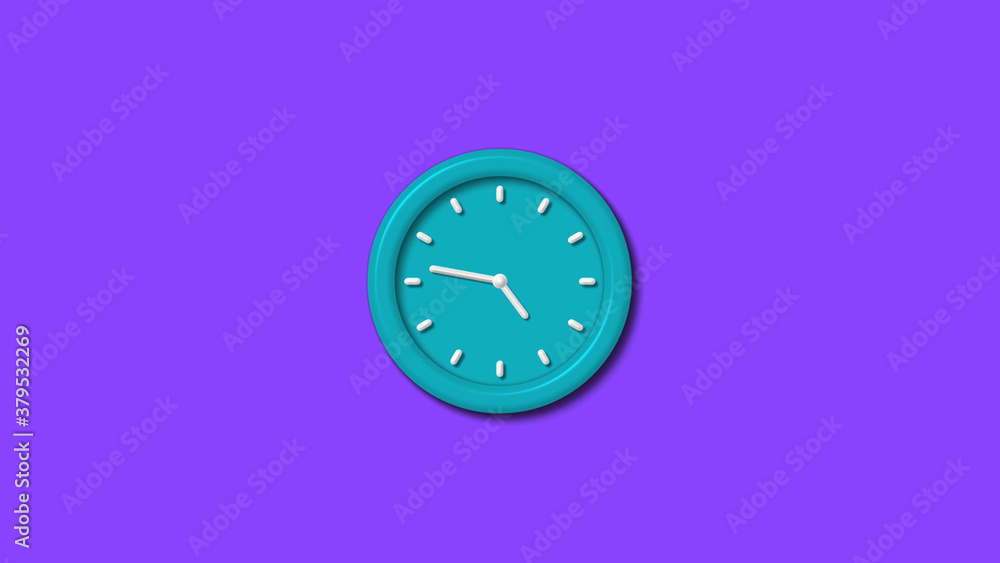 Cyan color 12 hours 3d wall clock isolated on purple background,counting down clock isolated