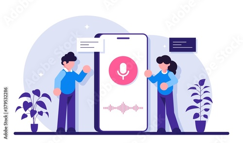 User with voice assistant or voice controlled smart speaker. Voice activated digital assistants, home automation hub, internet of things concept. Modern flat illustration.