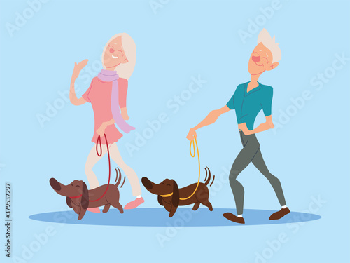 elderly couple walk their dogs, active seniors