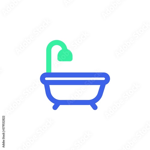 Bathtub with shower icon vector, filled flat sign, bicolor pictogram, bath green and blue colors. Symbol, logo illustration